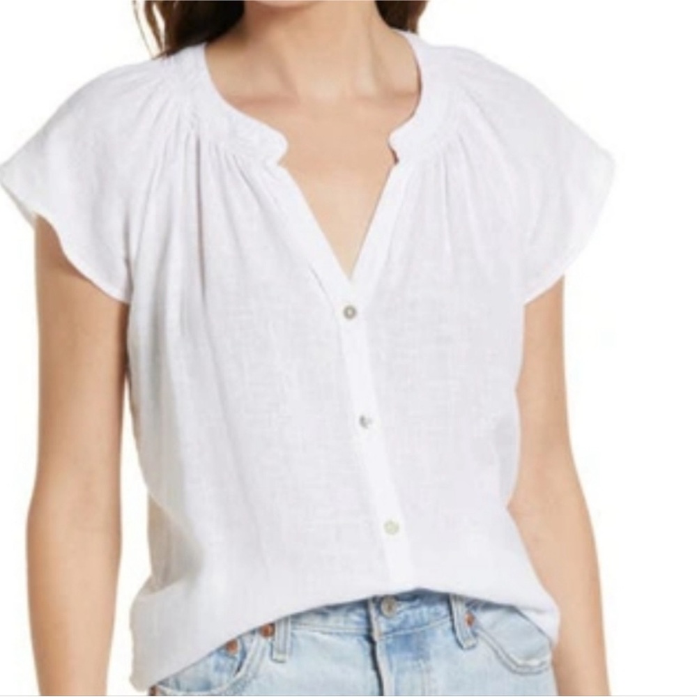 Rail’s Women’s White Alena Short Sleeve Pleated Button Front Linen Blend Shirt